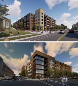 Two images show proposed project renderings of large apartment buildings.